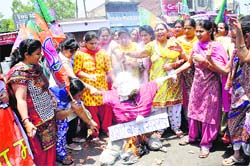 Activists of the BJP Mahila Morcha burn an effigy of the state government outside the office of the Power Development Department at Parade in Jammu.