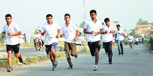 Youths participate in the Run for thalassaemia and say no to tobacco in Jammu on Thursday.