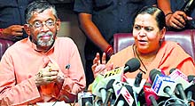 Union Minister for Water Resources, River Development and Ganga Rejuvenation, Uma Bharti and MoS Santosh Gangwar during a press conference in New Delhi on Thursday