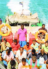 Indian fishermen, who were released by the Sri Lankan government, in Rameswaram on Thursday