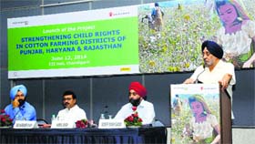 Harpal Singh, chairman of NGO Save The Children, addresses a gathering at the CII office in Sector 31, Chandigarh, on Thursday.