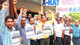 Members of the District Chemists Association protest outside the Civil Hospital in Rajpura on Thursday.