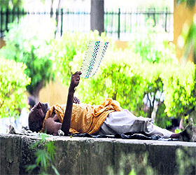 A man fans himself for relief in the searing heat under the shade of a tree in Amritsar.
