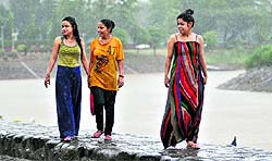 Young girls enjoy the changed weather at Sukhna Lake on Friday