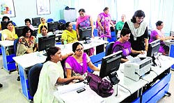 NIELIT employees compile the registration data of candidates taking admissions to Class XI at Government Model Senior Secondary School, Sector 10, in Chandigarh