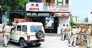 Security personnel outside MM Hospital in Ambala on Friday