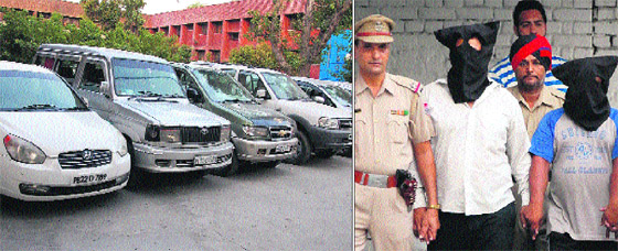 The stolen cars recovered from the gang of thieves in Jalandhar on Friday; and (right) the accused in police custody.