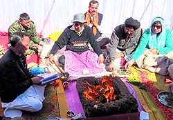 Shrine Board CEO RK Gupta performs pratham pooja at Chandanwari on Friday