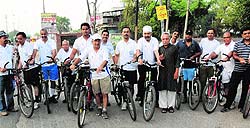 Members of the Bathinda Cycling Group pedal to spread the message of positive health in Bathinda on Saturday
