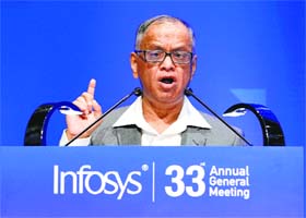 Outgoing Infosys Executive Chairman NR Narayana Murthy speaks at the 33rd AGM in Bengaluru on Saturday