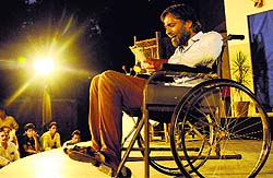 An artiste enacts a scene from a play, Upperli Manzil, at the Punjab Kala Bhawan in Chandigarh on Sunday