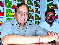 UKD leader BD Raturi addresses mediapersons at the party office in Dehradun on Saturday. 