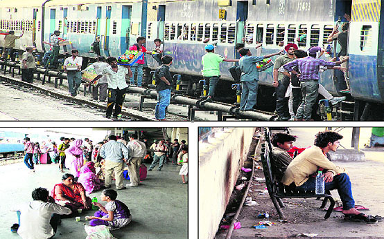 Passengers board a train; garbage scattered at a platform; and due to the lack of proper seating arrangements, passengers forced to sit on the floor at the railway station in Jalandhar on Sunday.