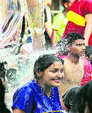 A girl and a woman at a water park in Jalandhar on Sunday.