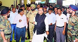 Defence Minister Arun Jaitley along with Army Chief General Bikram Singh and government officials after chairing the Unified Headquarters meeting in Srinagar on Sunday