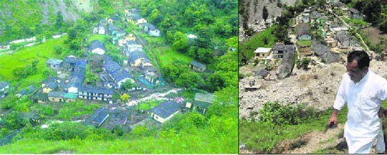 Parodi village before the natural disaster in the state in 2013; and (right) minister Harak Singh Rawat inspects the village post the Himalayan Tsunami. 