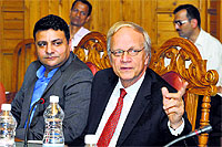 Ambassador of Netherlands, Alphonsus Stoelinga, and Urban Development Minister Sudhir Sharma address mediapersons in Shimla on Monday.