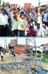 (Above) Residents of Adarsh Colony in Ballabgarh protest on Monday; (below) garbage lying near the colony.