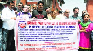 Kashmiri Pandits hold a protest against the government in Srinagar.