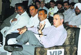 Chief Minister Omar Abdullah during the launching of a power project in Jammu on Monday.