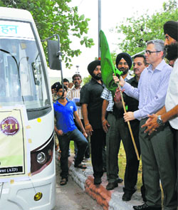 Chief Minister Omar Abdullah flags off RTI Bharat Yatra in Jammu on Monday.