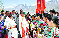 Chief Minister Virbhadra Singh being welcomed by monks on his visit to Kungri and Key monasteries in the Spiti valley on Tuesday.