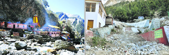 The damaged ghats in front of the Yamunotri temple; and (right) debris in Bhairon Jap Nullah adjacent to the Gangotri temple.