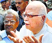 Senior BJP leader Lal Krishna Advani talks to mediapersons after meeting party leader Yashwant Sinha in JP Central Jail in Hazaribagh on Tuesday