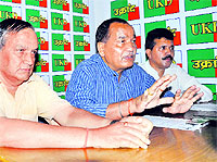 UKD (A) leader Kashi Singh Airy addresses a press conference at the party office in Dehradun on Wednesday. 