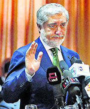 Afghanistans presidential candidate Abdullah Abdullah at a press conference in Kabul on Wednesday