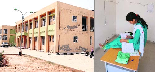 A view of the health centre in Dhobiana Basti; (right) a health worker sits on a table to do her work due to non-availability of chairs at the centre in Bathinda.