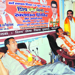 Shiv Sena workers donate blood on the occasion of the 49th foundation day of the party at Doon Hospital in Dehradun on Thursday.