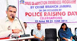 Shakti Pathak, SSP, Crime Branch, addresses the gathering at an awareness programme on drug addiction in Jammu on Thursday