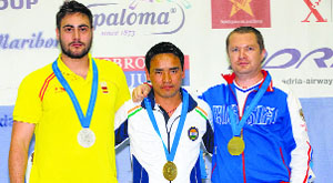 Jitu Rai (centre) during the medal ceremony at the ISSF World Cup in Maribor, Slovenia, on Thursday.
