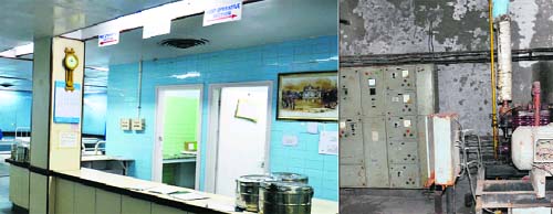 The operating theatre at Guru Nanak Dev Hospital; and (right) an air-conditioning plant lies defunct at the mortuary of the Government Medical College in Amritsar. 