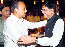 Power Minister Piyush Goyal with Reliance ADA Group chairman Anil Ambani during a meeting with Association of Power Producers, in New Delhi on Friday