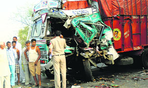 The mangled remains of the truck in Jind on Friday.