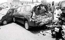 The vehicles damaged in an accident at the bus stand chowk in Patiala on Friday