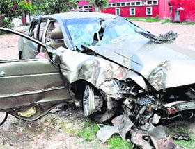 The Honda car that rammed into a tree on the road dividing Sectors 7 and 8, parked at the Sector 26 police station in Chandigarh on Saturday.