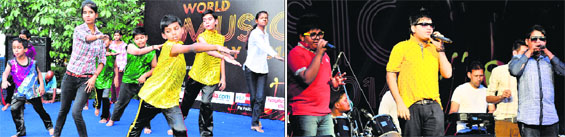 (Left) Children from various NGOs of the city present an item at Sukhna Lake in Chandigarh on Saturday; and (right) Ali brothers perform during the World Music Day celebrations at the Plaza in Chandigarh on Saturday.