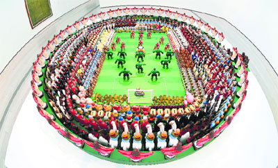 The sculpture “Maracaña” by Brazilian artist Nelson Leirner, is on display at the exhibition “Fútbol: The Beautiful Game”, at the Los Angeles County Museum of Art (LACMA) in Los Angeles, California.