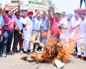 Activists of the Punjab Youth Congress burn an effigy of PM Narendra Modi at protest against the Central governments move to hike freight charges and passenger train fares in Amritsar on Sunday. 