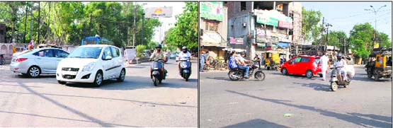 Vehicles from all sides attempt to cross an intersection at Hukam Singh Road; and (right) at Ghala Mala Chowk in the absence of traffic lights in Amritsar on Sunday