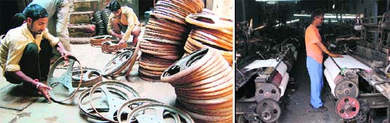 Labourers work at a fans spare parts factory in Amritsar. A Tribune Photograph (right) A worker at a handloom factory in Amritsar.