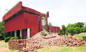 Renovation work in progress at the Community Centre, Sector 19, Chandigarh, on Sunday.