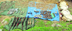 Arms and ammunition recovered from a hideout in the Keshwan area of Kishtwar on Sunday.