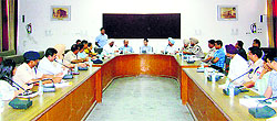 Rajat Aggarwal, Deputy Commissioner, Ludhiana (centre), addresses Sub-Divisional Magistrates in Ludhiana on Sunday.