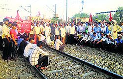 CITU workers hold a rail roko protest in Giaspura. 
