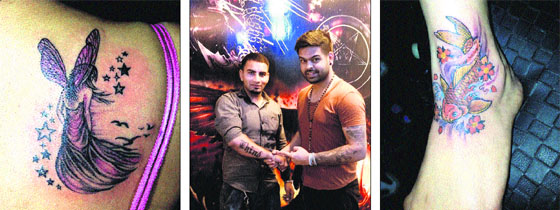 (From left to right) An eye-catching tattoo on the back of a woman; tattoo artist Ashu Singh (right); biotech tattoos set the trend in city for body art.