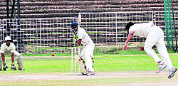 Players in action during a match between Chandigarh and Ludhiana at Sector 16 Cricket Stadium in Chandigarh on Monday